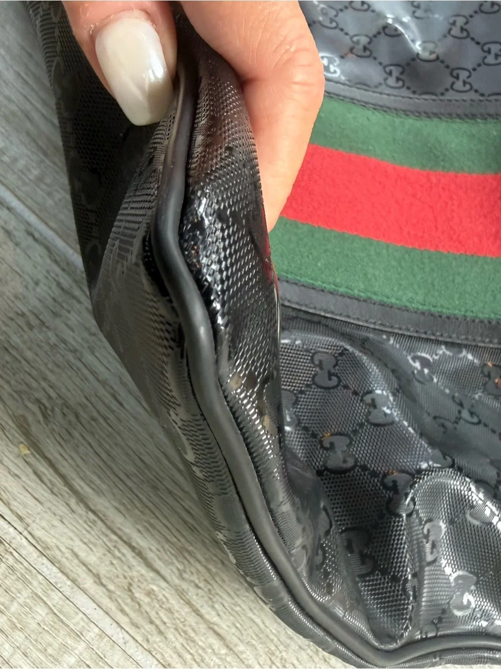 Gucci Black GG Canvas Messenger with Red & Green Stripe- very good cond.
